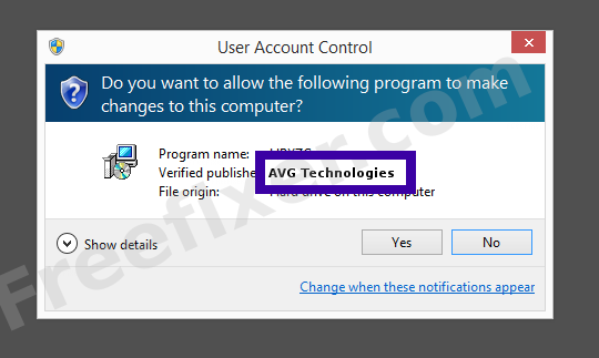 Screenshot where AVG Technologies appears as the verified publisher in the UAC dialog